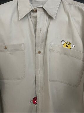 Men's Casual Button-Down Shirt with Playful Embroidered M&M Characters - Beige